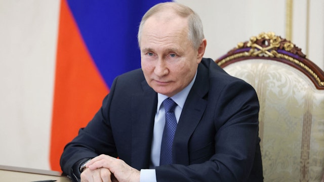 Russian President Vladimir Putin chairs a meeting on the social and economic development of Crimea and Sevastopol via a video link at the Kremlin in Moscow on March 17, 2023.