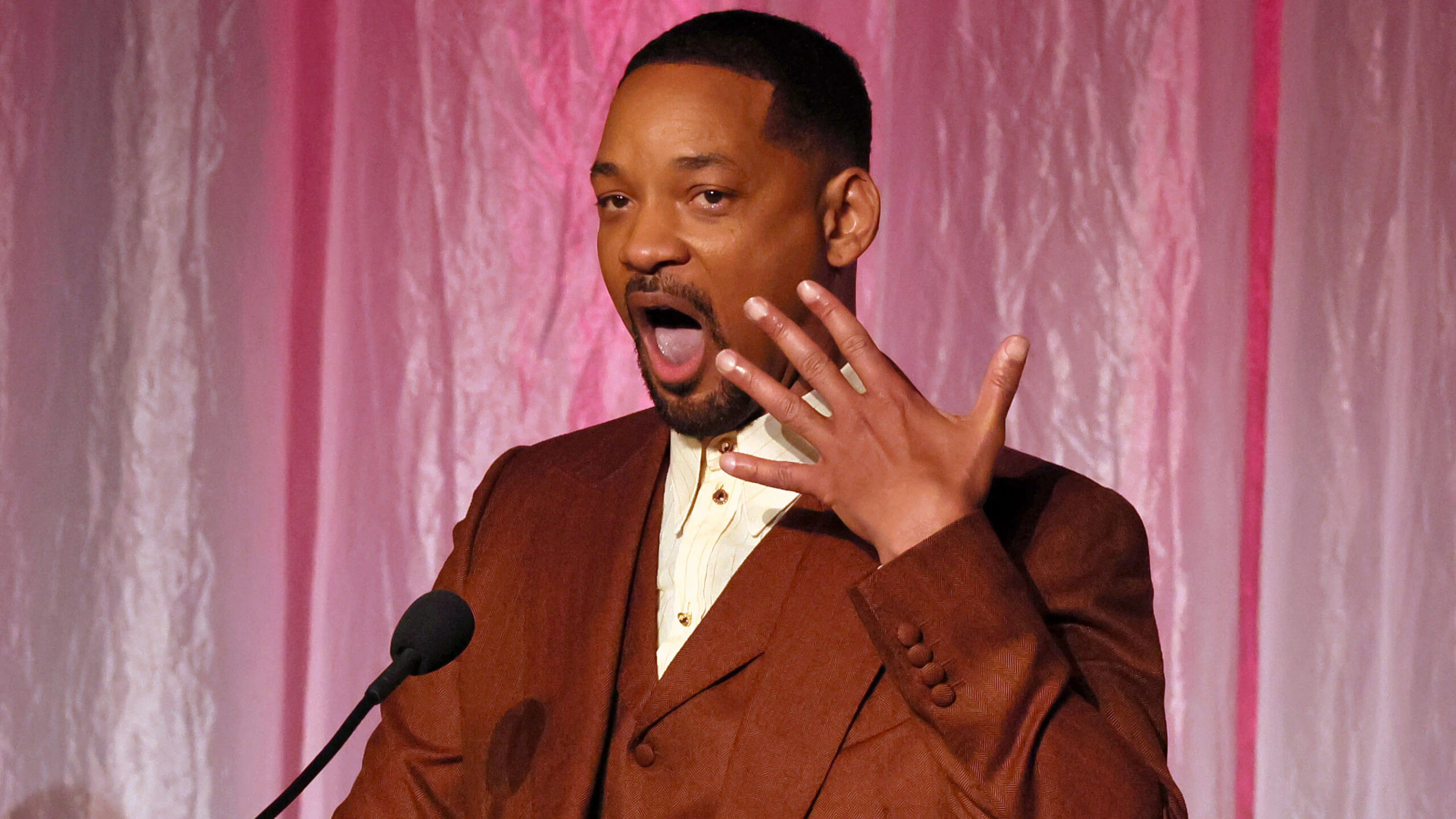 BEVERLY HILLS, CALIFORNIA - MARCH 01: (L-R) Honorees Antoine Fuqua and Will Smith accept The Beacon Award for "Emancipation" onstage during the 14th Annual AAFCA Awards at Beverly Wilshire, A Four Seasons Hotel on March 01, 2023 in Beverly Hills, California.