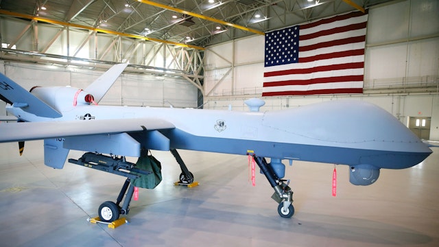 INDIAN SPRINGS, NV - NOVEMBER 17: (EDITORS NOTE: Image has been reviewed by the U.S. Military prior to transmission.) An MQ-9 Reaper remotely piloted aircraft (RPA) is parked in a hanger at Creech Air Force Base on November 17, 2015 in Indian Springs, Nevada. The Pentagon has plans to expand combat air patrols flights by remotely piloted aircraft by as much as 50 percent over the next few years to meet an increased need for surveillance, reconnaissance and lethal airstrikes in more areas around the world.