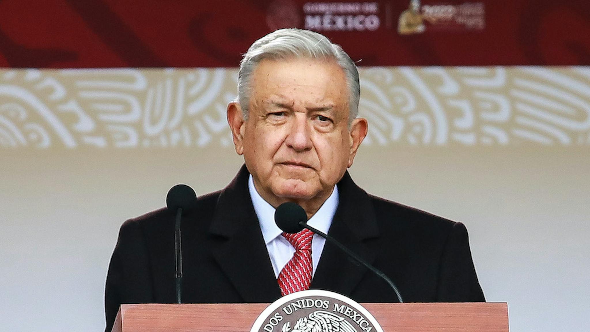 Andres Manuel Lopez Obrador MEXICO CITY, MEXICO - NOVEMBER 20: Andres Manuel Lopez Obrador President of Mexico gestures during the parade to celebrate the 'Mexicans Celebrate the 112th Anniversary of the Mexican Revolution' at Zocalo on November 20, 2022 in Mexico City, Mexico. (Photo by Manuel Velasquez/Getty Images)