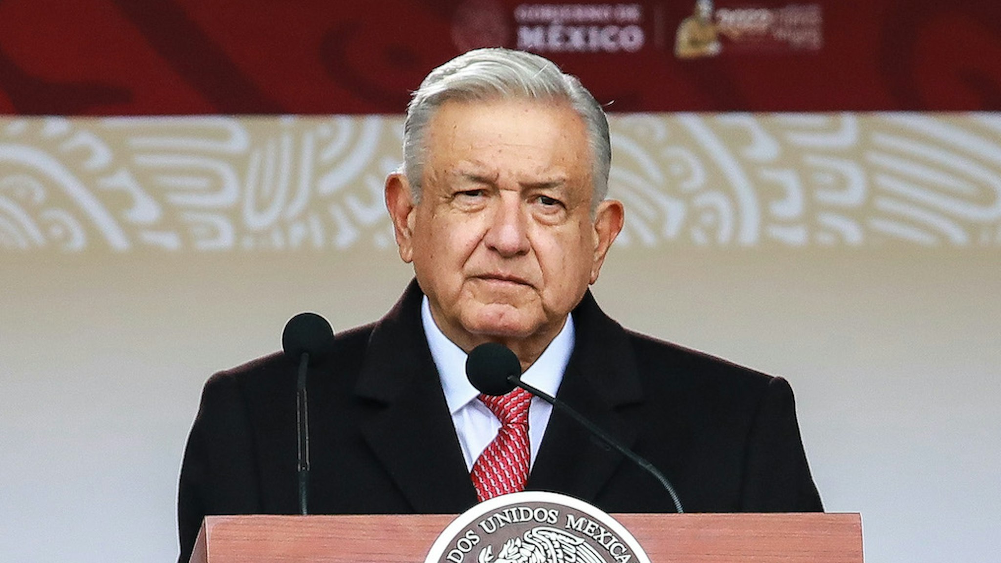 MEXICO CITY, MEXICO - NOVEMBER 20: Andres Manuel Lopez Obrador President of Mexico gestures during the parade to celebrate the 'Mexicans Celebrate the 112th Anniversary of the Mexican Revolution' at Zocalo on November 20, 2022 in Mexico City, Mexico. (Photo by Manuel Velasquez/Getty Images)