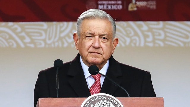 MEXICO CITY, MEXICO - NOVEMBER 20: Andres Manuel Lopez Obrador President of Mexico gestures during the parade to celebrate the 'Mexicans Celebrate the 112th Anniversary of the Mexican Revolution' at Zocalo on November 20, 2022 in Mexico City, Mexico. (Photo by Manuel Velasquez/Getty Images)