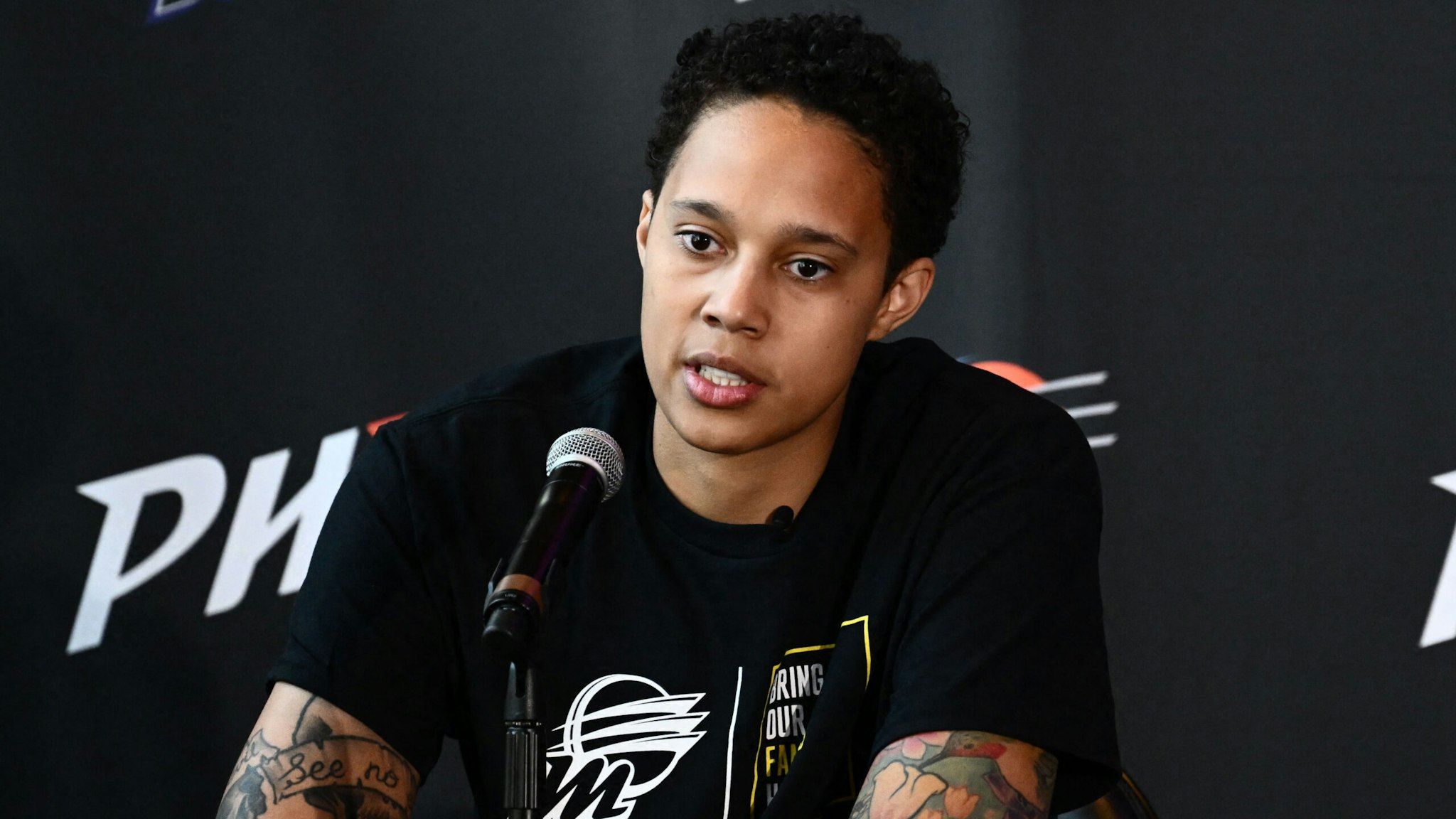 US basketball player Brittney Griner, of the Phoenix Mercury, speaks during a news conference at the Footprint Center in Phoenix, Arizona on April 27, 2023. - Griner vowed never to play basketball overseas again in an emotional first press conference since being released by Russia as part of a prisoner swap last year. Speaking in Arizona as she prepares to resume her career with the Phoenix Mercury, Griner pledged to keep fighting on behalf of people wrongfully detained around the world.