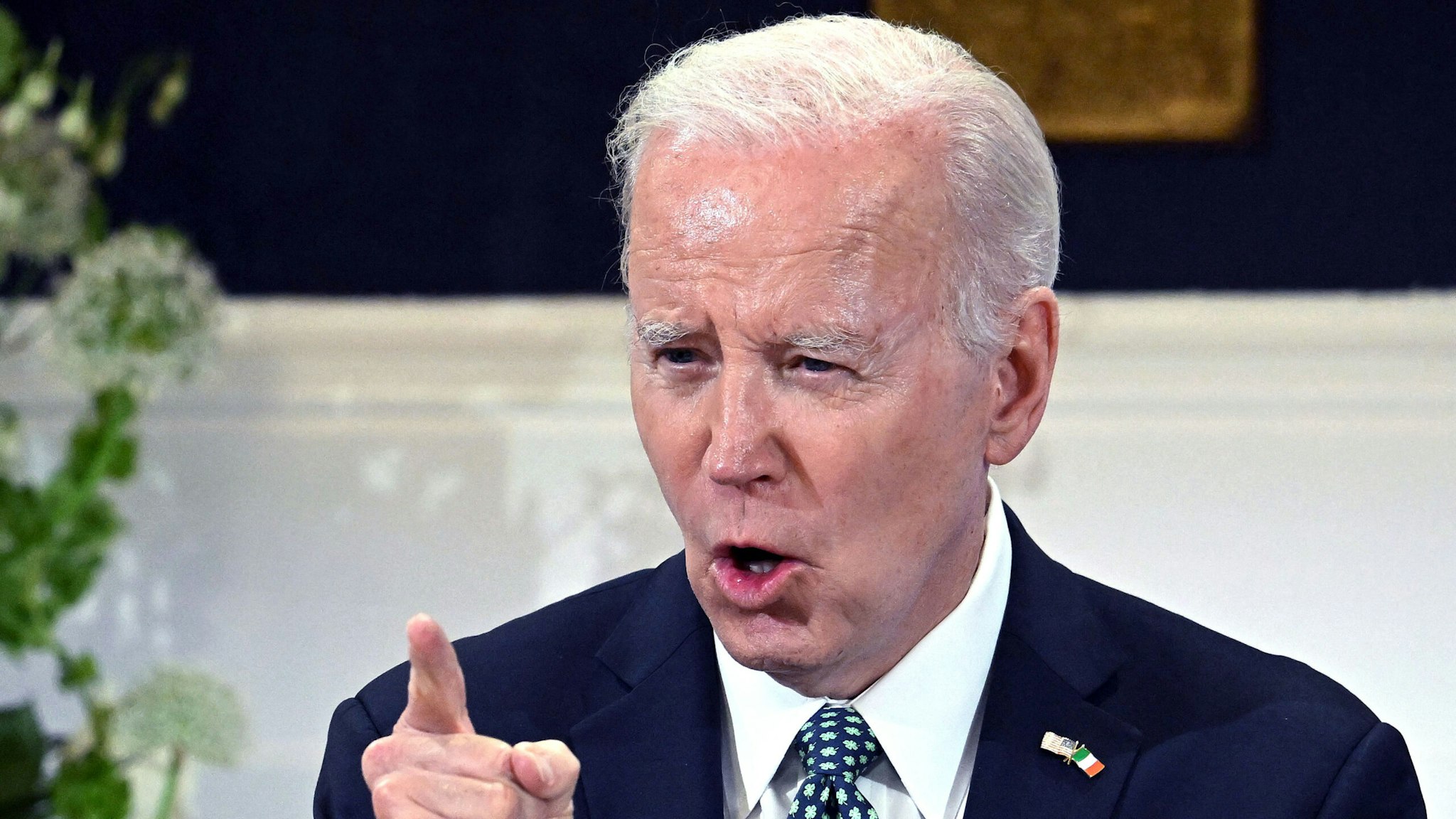 TOPSHOT - US President Joe Biden gestures as he speaks during a Banquet Dinner at Dublin Castle on April 13, 2023, during his four day trip to Northern Ireland and Ireland.