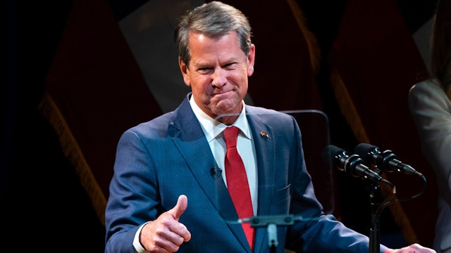 Brian Kemp, governor of Georgia, speaks during an election night rally in Atlanta, Georgia, US, on Tuesday, Nov. 8, 2022. Democratic challenger Stacey Abrams conceded to Governor Kemp on Tuesday in a rematch of their 2018 race, reported the Associated Press.