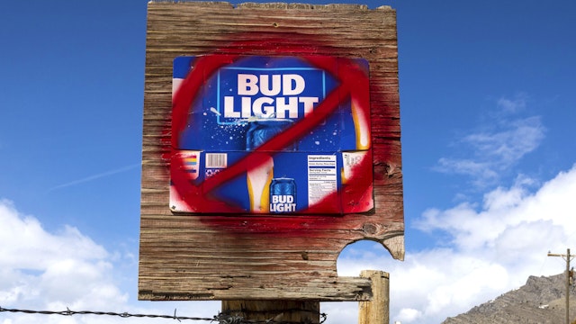 ARCO, ID - APRIL 21: A sign disparaging Bud Light beer is seen along a country road on April 21, 2023 in Arco, Idaho. Anheuser-Busch, the brewer of Bud Light has faced backlash after the company sponsored two Instagram posts from a transgender woman.