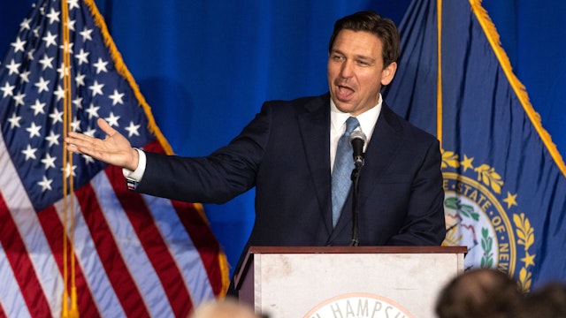 MANCHESTER, NH - APRIL 14: Florida Gov. Ron DeSantis (R-FL) delivers remarks during the New Hampshire GOP's Amos Tuck Dinner on April 14, 2023 in Manchester, New Hampshire. During his first trip to the state, DeSantis spoke before over 500 attendees at the annual Amos Tuck fundraising dinner for the New Hampshire Republican Party.