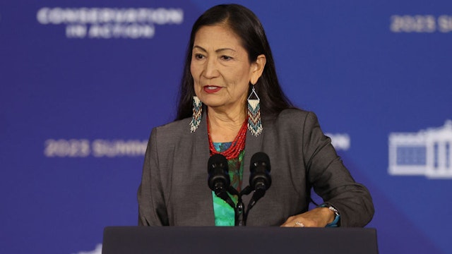 WASHINGTON, DC - MARCH 21: U.S. Interior Secretary Deb Haaland delivers remarks at the White House Conservation In Action Summit at the U.S. Interior Department on March 21, 2023 in Washington, DC. At summit President Joe Biden announced new water and land conservation actions including the establishment of the Avi Kwa Ame National Monument in Nevada and the Castner Range National Monument in Texas. (Photo by Kevin Dietsch/Getty Images)