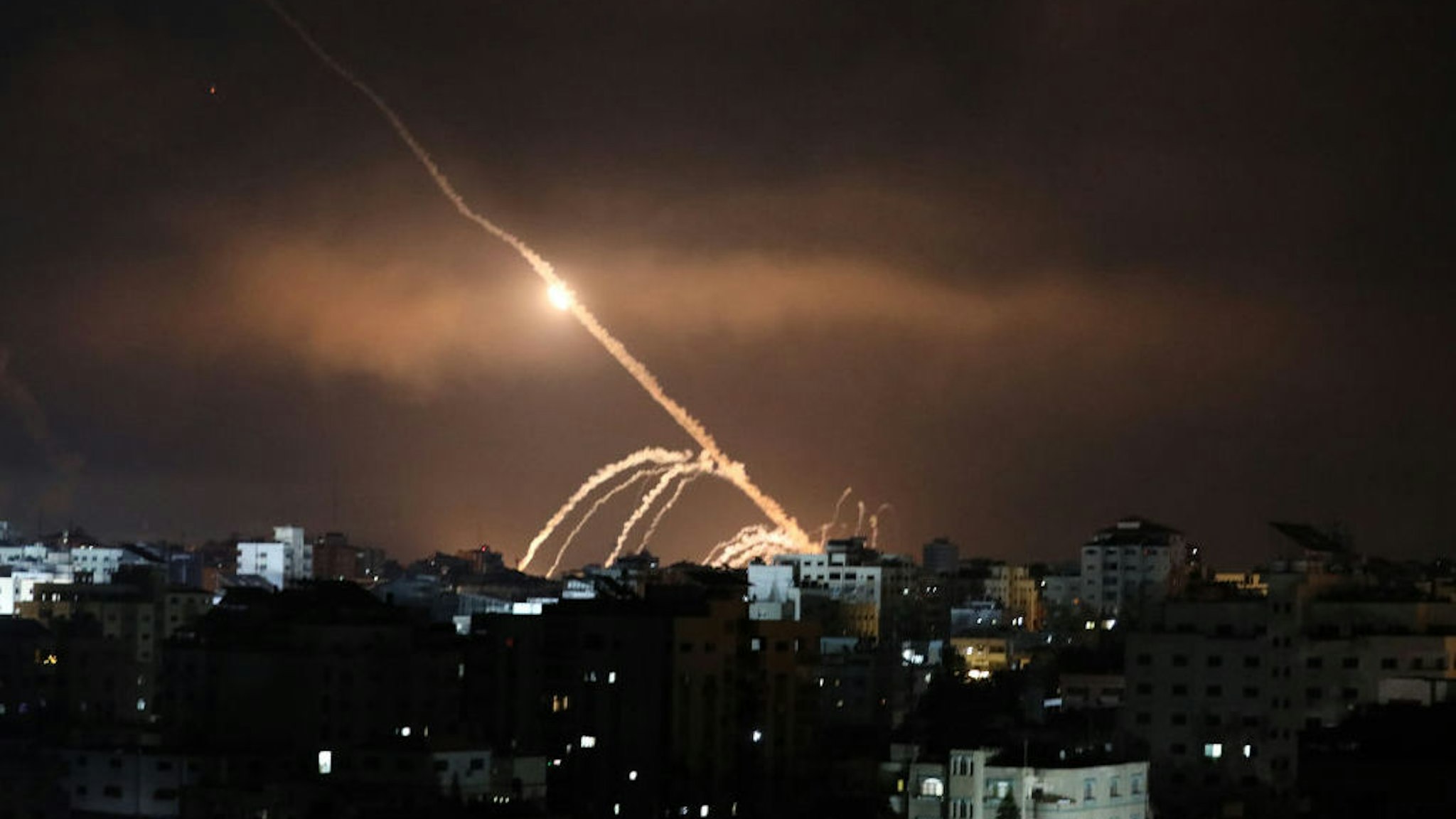 GAZA CITY, GAZA - MAY 15: Rockets are being fired from Gaza targeting Israeli cities in response to Israeli airstrikes on the Gaza Strip, on May 15, 2021. (Photo by Mustafa Hassona/Anadolu Agency via Getty Images)