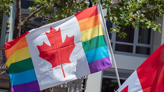 Canada, LGBT Pride flag waving together during a Pride Festival