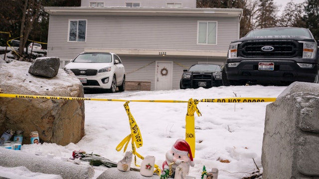 Objects left for a makeshift memorial sit at the site of a quadruple murder on January 3, 2023 in Moscow, Idaho.