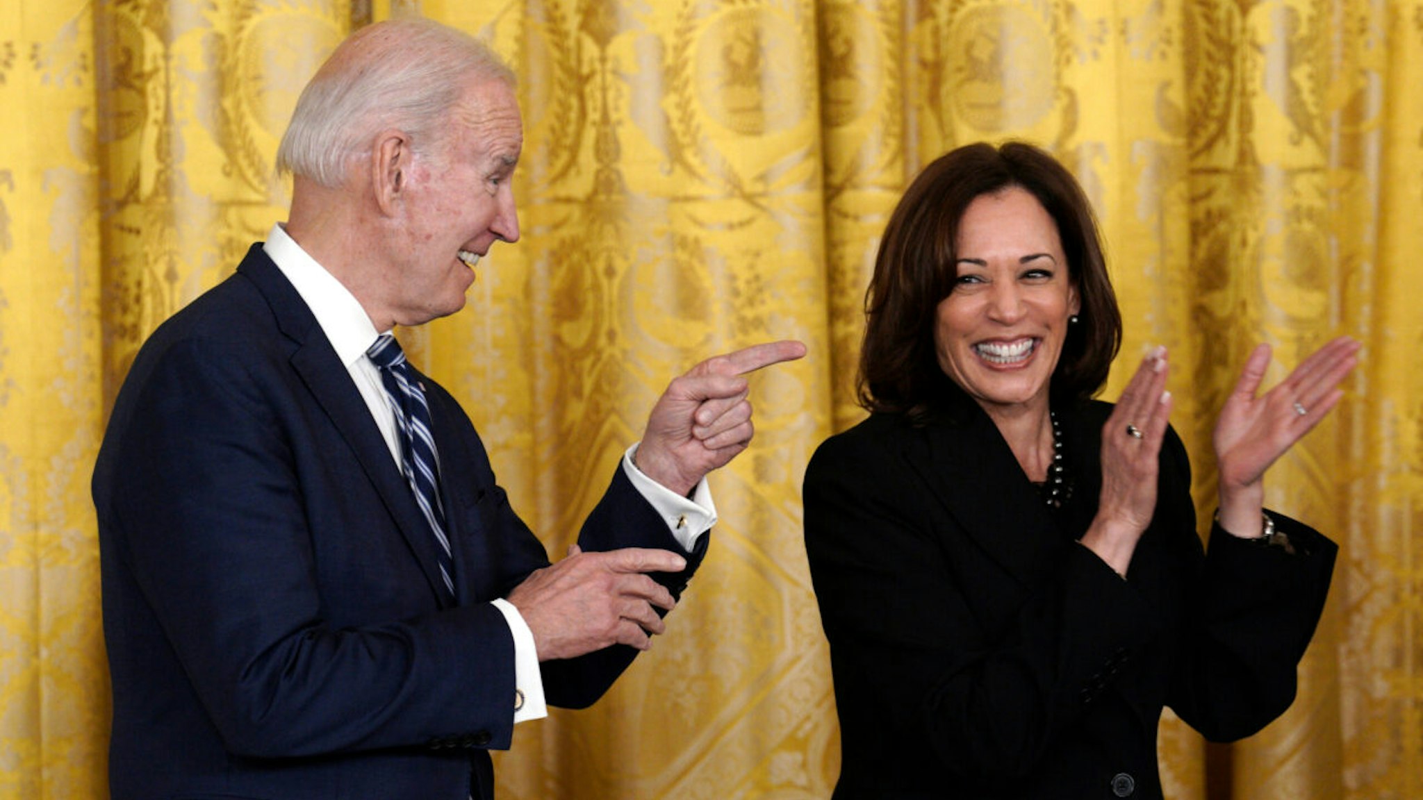 US President Joe Biden, left, and Vice President Kamala Harris during a reception celebrating Black History Month in the East Room of the White House in Washington, DC, US, on Monday, Feb. 27, 2023.