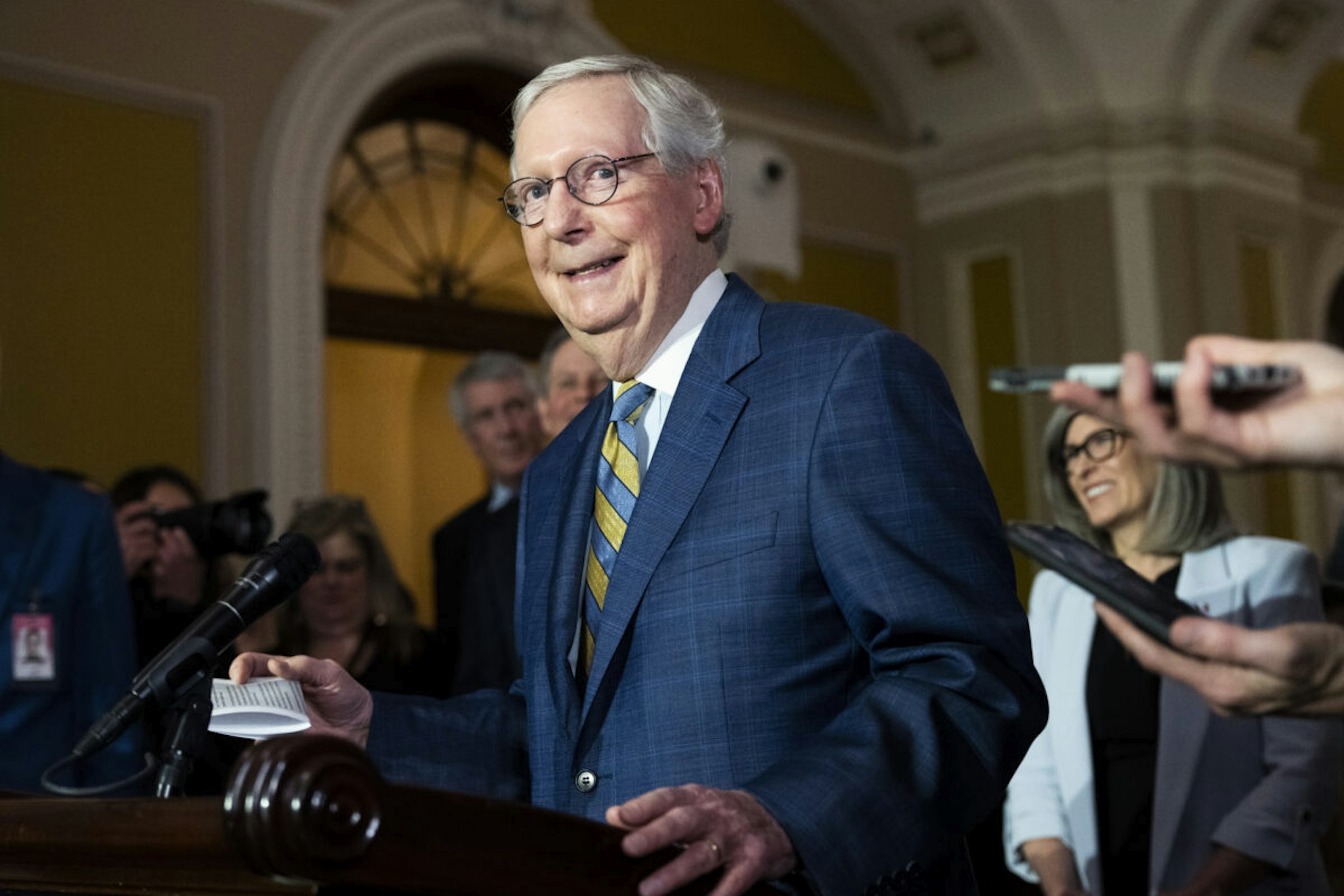 Senate Minority Leader Mitch McConnell, R-Ky., conducts a news conference after the senate luncheons in the U.S. Capitol Building on Tuesday, March 7, 2023.