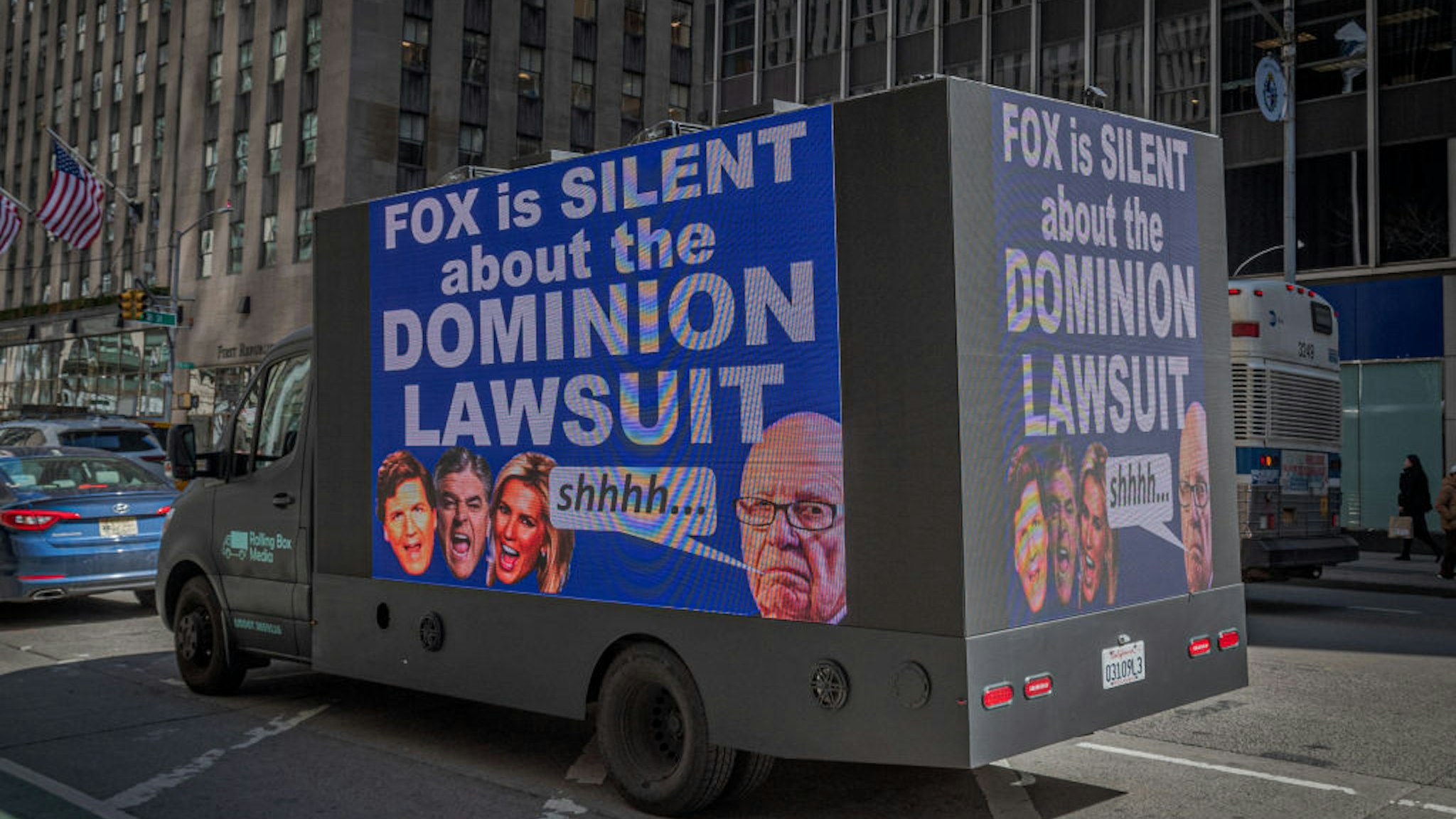 MANHATTAN, NEW YORK, UNITED STATES - 2023/03/07: A billboard truck seen outside Fox News HQ. Members of the activist groups Truth Tuesdays and Rise and Resist gathered at the weekly FOX LIES DEMOCRACY DIES event outside the NewsCorp Building in Manhattan, this time with a billboard truck exposing Fox lies. Activists are pushing back against -what they call- Rupert Murdoch's right-wing propaganda machine. As Fox News lies keep getting exposed by filings in the Dominion Voting Systems defamation lawsuit. (Photo by Erik McGregor/LightRocket via Getty Images)
