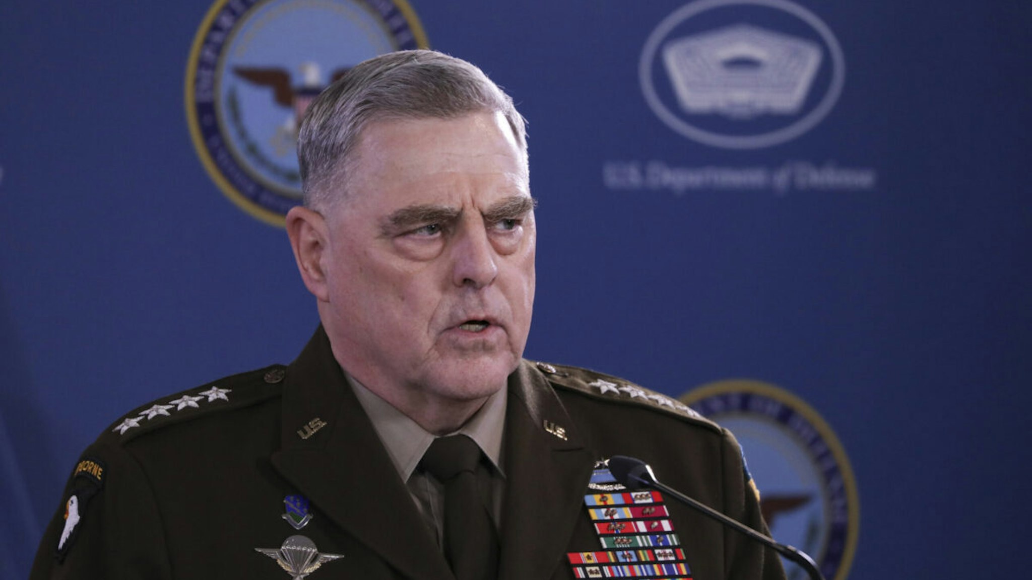 US Chairman of the Joint Chiefs of Staff General Mark Milley and U.S Defense Secretary Lloyd Austin (not seen) hold a joint press conference in Pentagon Arlington-Virginia, United States on March 15, 2023.