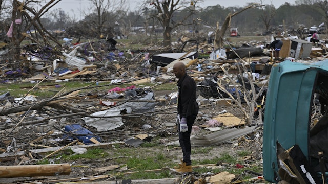 ROLLING FORK, USA - MARCH 31: Residents are cleaning up after the devastating tornadoes while US President Joe Biden along with First Lady Jill Biden visits in Rolling Fork, MS, United States on March 31, 2023.