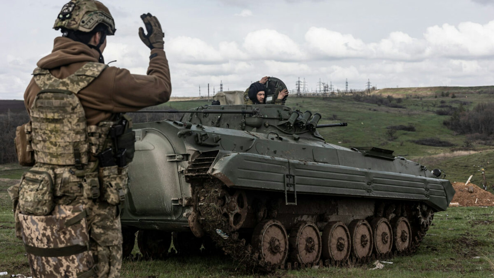 DONETSK OBLAST, UKRAINE - APRIL 07: Ukrainian soldiers shoot with a BMP during a training as Russian-Ukrainian war continues in Donetsk Oblast, Ukraine on April 07, 2023.