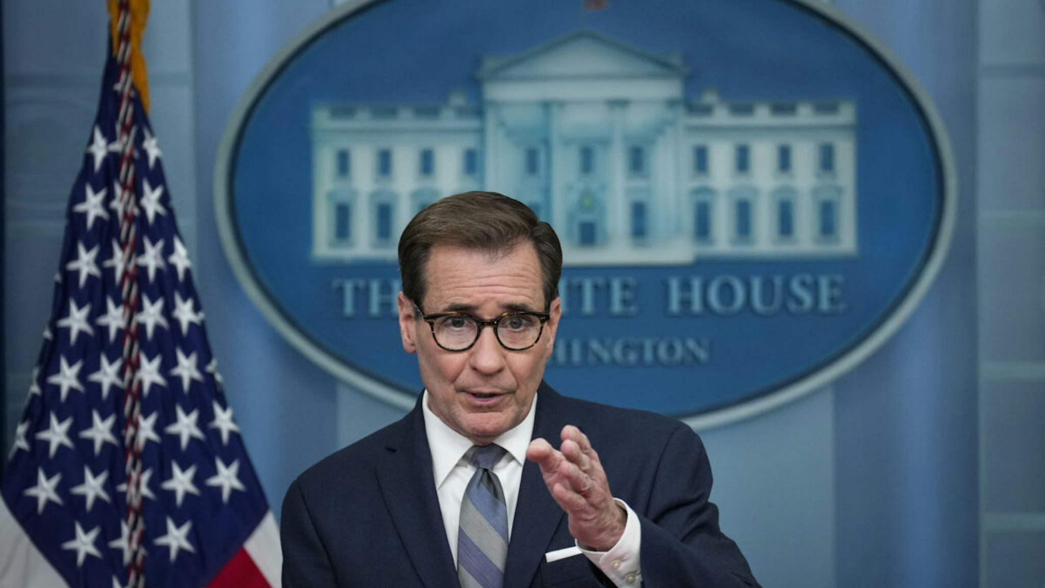 Coordinator for Strategic Communications at the National Security Council John Kirby speaks during the daily press briefing at the White House on April 10, 2023 in Washington, DC.