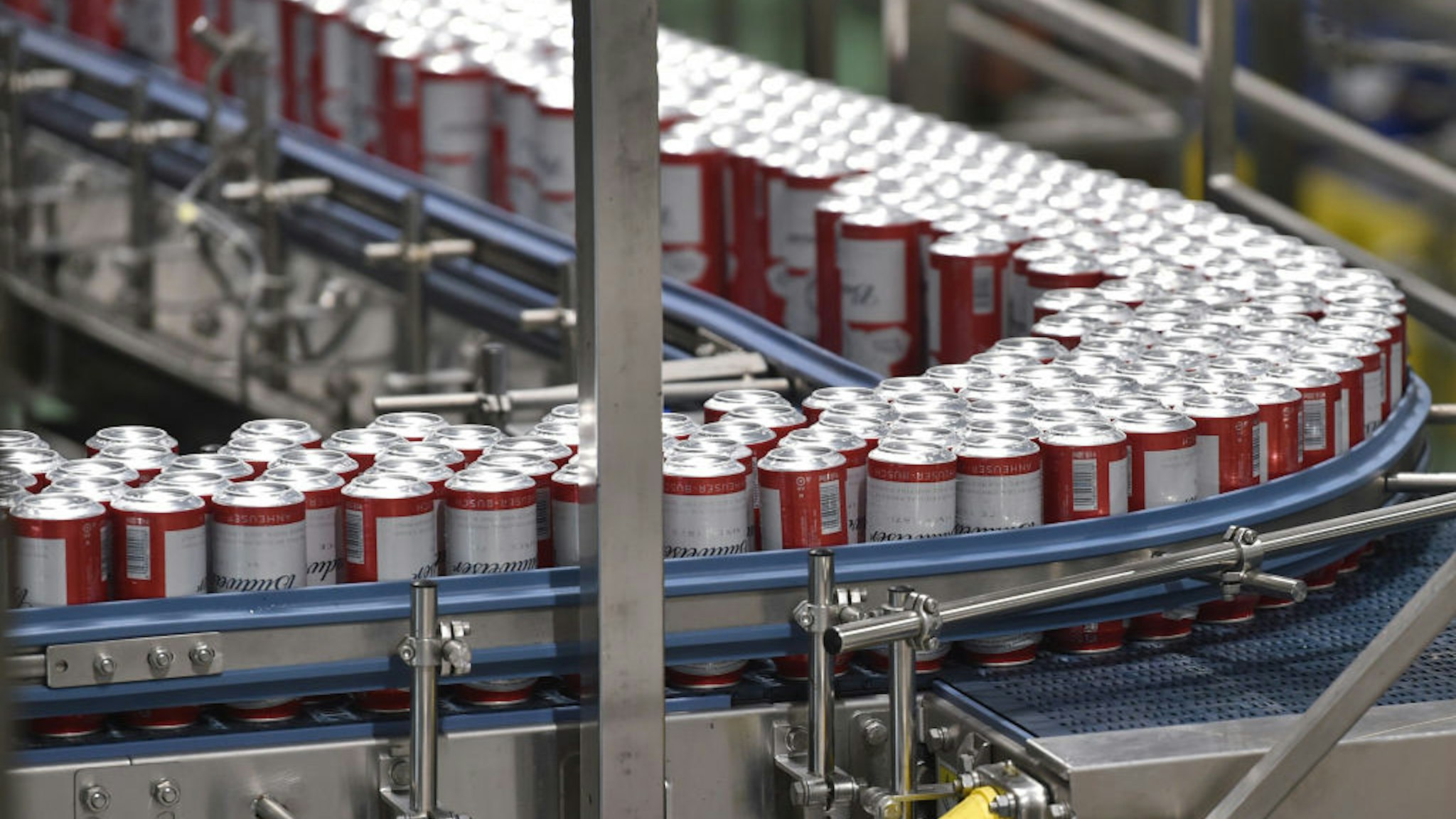 SUQIAN, CHINA - APRIL 12, 2023 - An automated production line of Budweiser beer is seen at a workshop of Anheuser-Busch InBev (Suqian) Beer Co LTD in Suqian, Jiangsu Province, China, April 12, 2023. (Photo credit should read