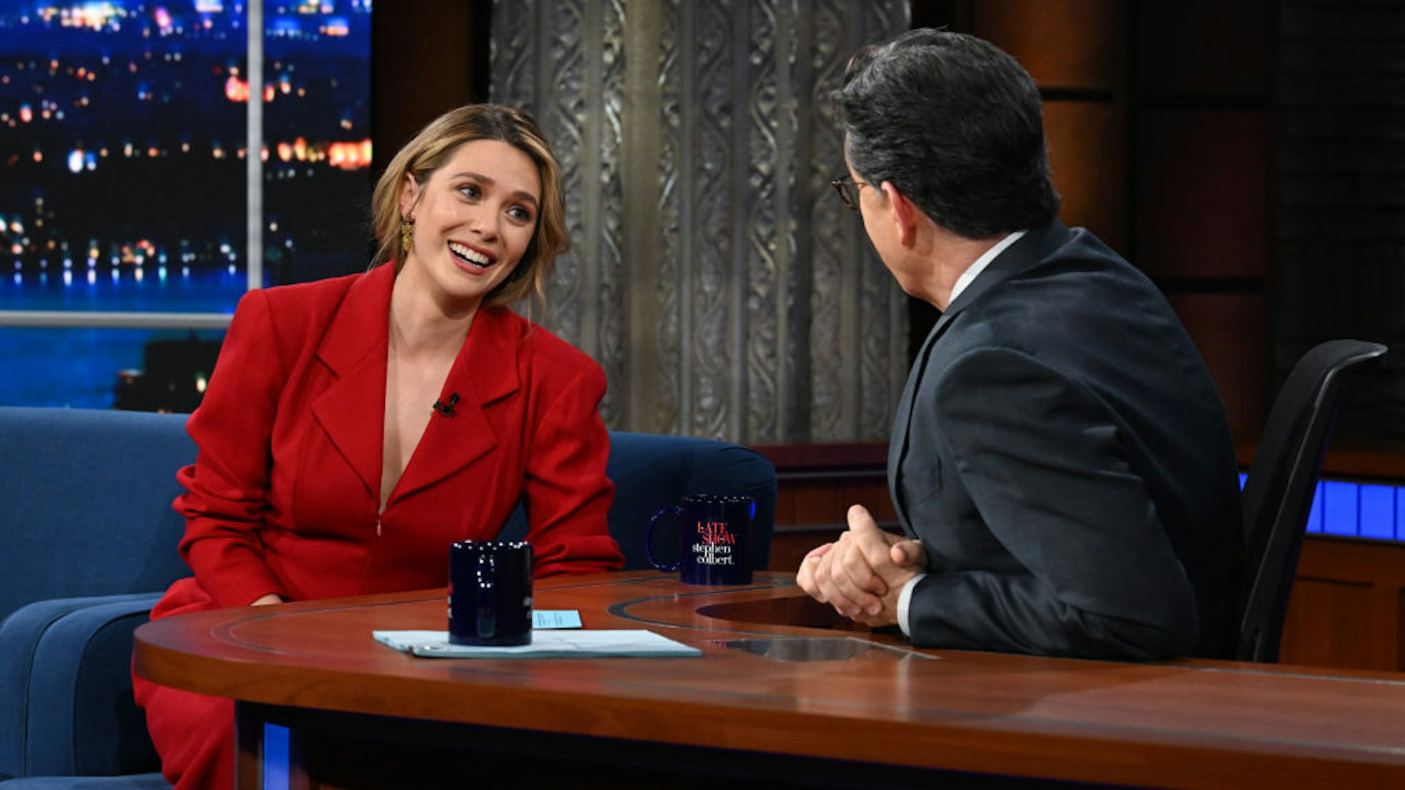 NEW YORK - APRIL 19: The Late Show with Stephen Colbert and guest Elizabeth Olsen during Wednesday's April 19, 2023 show. (Photo by Scott Kowalchyk/CBS via Getty Images)