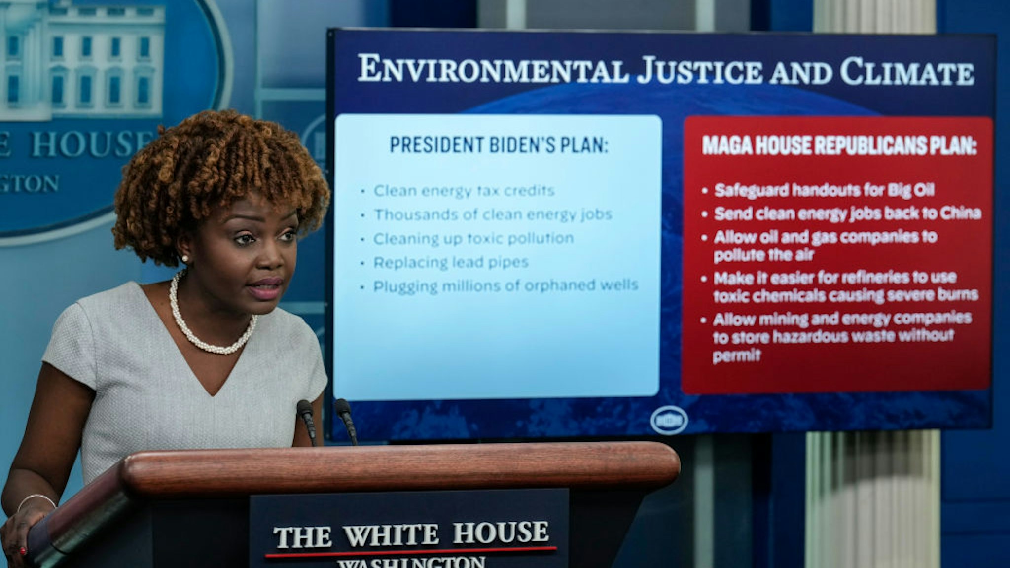 WASHINGTON, DC - APRIL 21: White House Press Secretary Karine Jean-Pierre speaks during the daily press briefing at the White House April 21, 2023 in Washington, DC. This afternoon President Joe Biden will sign an executive order directing federal agencies to invest in communities that are disproportionately affected by pollution and climate change. (Photo by Drew Angerer/Getty Images)