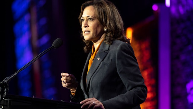 WASHINGTON, DC - MAY 03: U.S. Vice President Kamala Harris delivers remarks at the Emily's List gala on May 03, 2022 in Washington, DC. Harris spoke at the 30th anniversary celebration of the pro-choice organization a day after a published report revealed that the Supreme Court is poised to overturn the 1973 landmark Roe v. Wade, which created a constitutional right to abortion.
