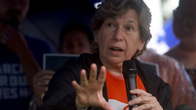Randi Weingarten, president of the American Federation of Teachers, speaks during a protest near the office of Sen. Marco Rubio (R-FL) to ask him to work on gun-safety legislation on June 03, 2022 in Miami, Florida.
