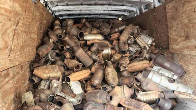 Mineola, N.Y.: A van with seized catalytic converter thefts is parked outside police headquarters in Mineola, New York, on Jan. 30, 2023.