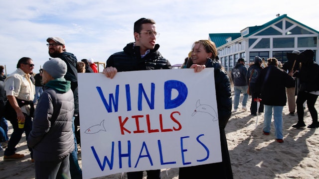 POINT PLEASANT NEW JERSEY - FEBRUARY 19: Environmentalists gather during a 'Save the Whales' rally calling for a halt to offshore wind energy development along the Jersey Shore on February 19, 2023 in Point Pleasant New Jersey. The rally, hosted by the environmental organization Clean Ocean Action, followed the deaths of numerous whales, Since Dec. 1, 2022 according to the National Oceanic and Atmospheric Administration, or NOAA 12 whales have died in NY and NJ (Photo by Kena Betancur/VIEWpress)