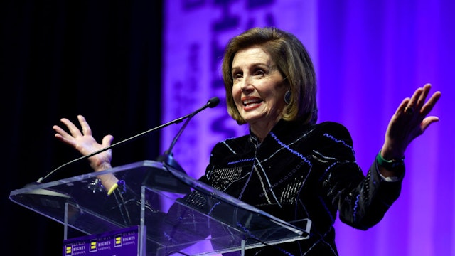 LOS ANGELES, CALIFORNIA - MARCH 25: United States Representative Nancy Pelosi speaks onstage during the Human Rights Campaign Dinner at JW Marriott Los Angeles L.A. LIVE on March 25, 2023 in Los Angeles, California. (Photo by Emma McIntyre/Getty Images for Human Rights Campaign)