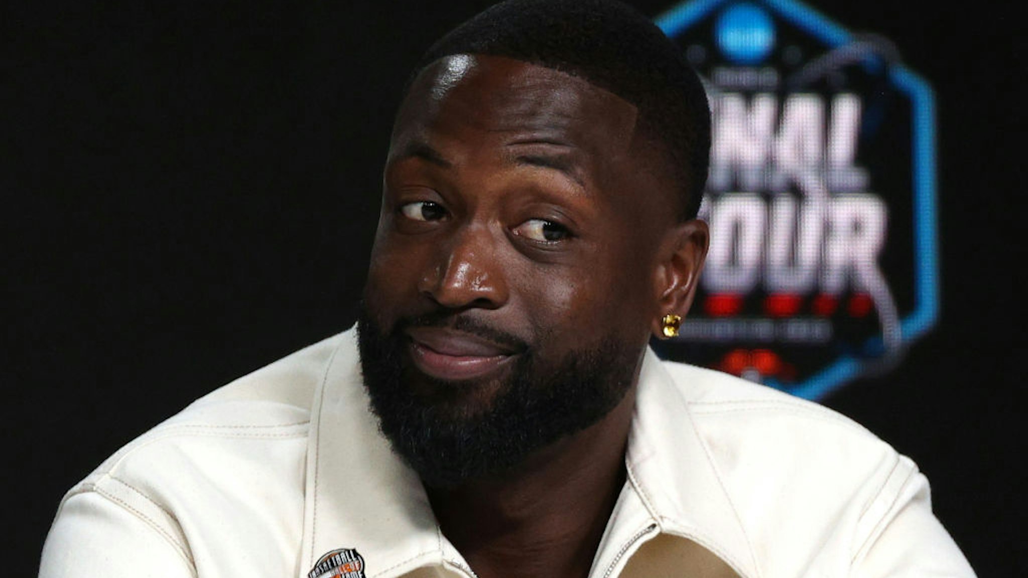 HOUSTON, TEXAS - APRIL 01: Inductee Dwyane Wade reacts during the 2023 Naismith Hall of Fame Press Conference at NRG Stadium on April 01, 2023 in Houston, Texas. (Photo by Mike Lawrie/Getty Images)