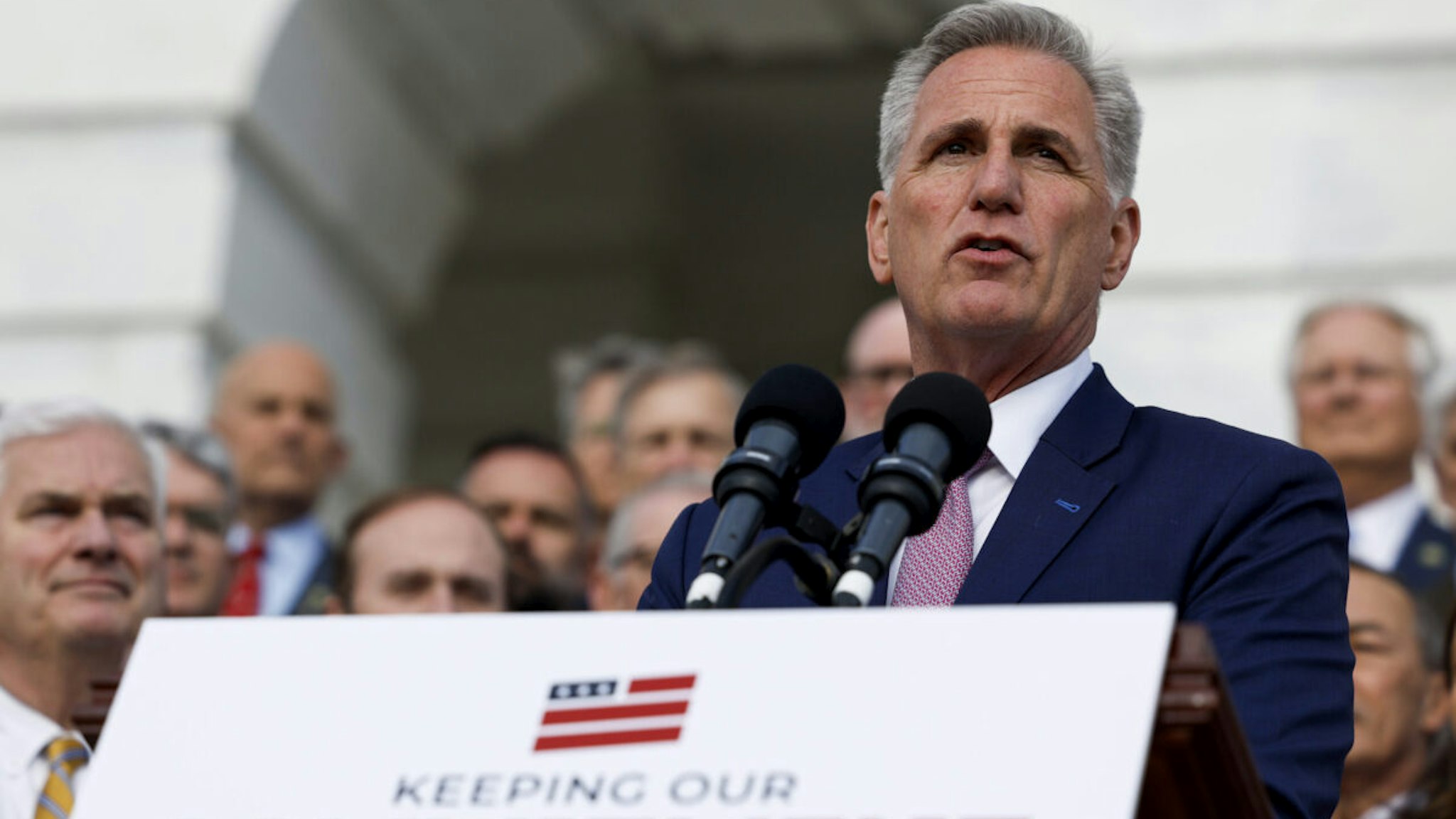 U.S. House Speaker Kevin McCarthy (D-CA) speaks at an event celebrating 100 days of House Republican rule at the Capitol Building April 17, 2023 in Washington, DC.