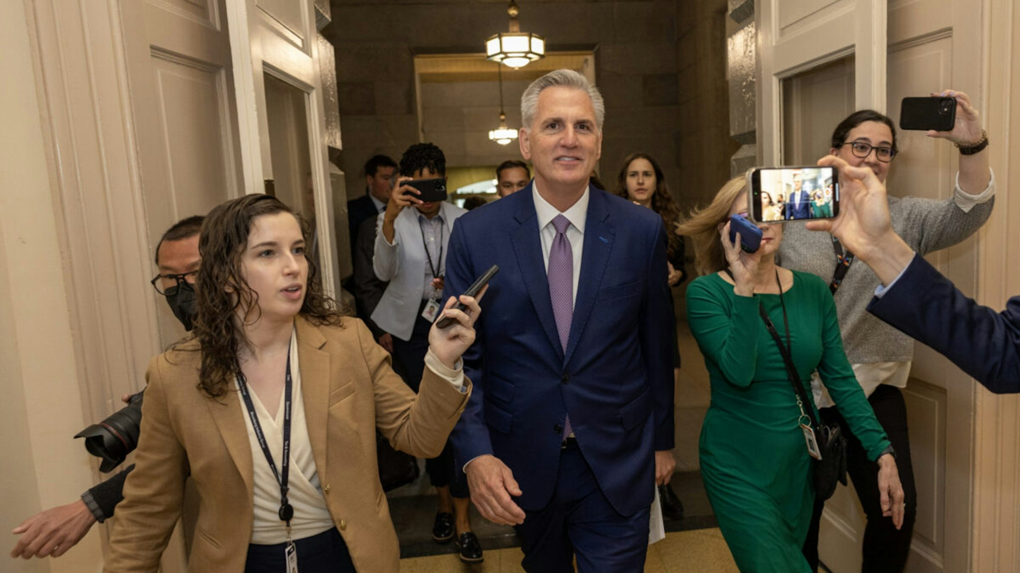 U.S. Speaker of the House Rep. Kevin McCarthy (R-CA) is followed by members of the media as he walks in the U.S. Capitol on April 26, 2023 in Washington, DC.