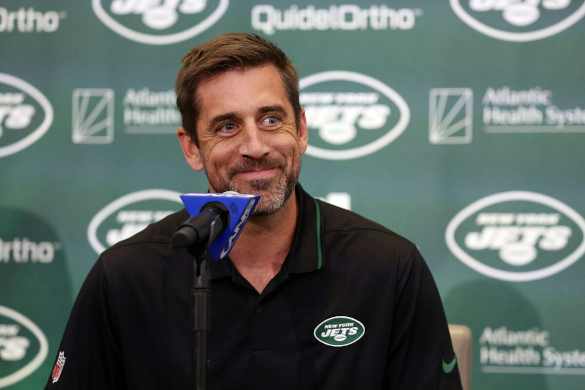 FLORHAM PARK, NEW JERSEY - APRIL 26: New York Jets quarterback Aaron Rodgers attends an introductory press conference at Atlantic Health Jets Training Center on April 26, 2023 in Florham Park, New Jersey.