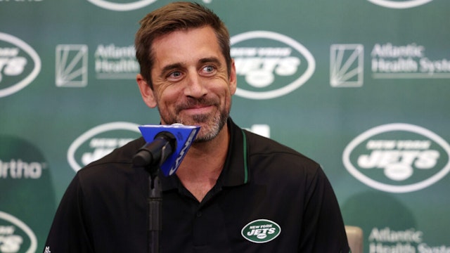 FLORHAM PARK, NEW JERSEY - APRIL 26: New York Jets quarterback Aaron Rodgers attends an introductory press conference at Atlantic Health Jets Training Center on April 26, 2023 in Florham Park, New Jersey.
