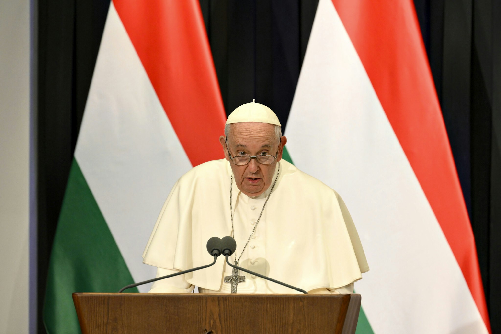 Pope Francis flanked by Hungarian President Katalin Novák holds his speech during a meeting with local authorities at Sándor Palace on April 28, 2023 in Budapest, Hungary. Pope Francis makes a three-day visit to the Central European nation's capital for his 41st Apostolic Journey abroad.
