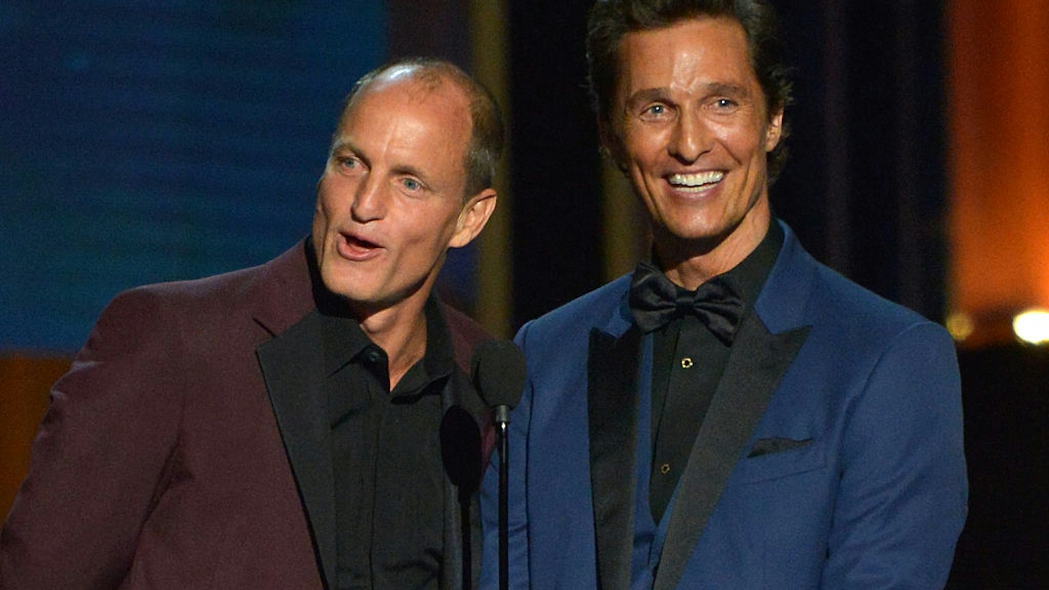LOS ANGELES, CA - AUGUST 25: Actors Woody Harrelson (L) and Matthew McConaughey speak onstage at the 66th Annual Primetime Emmy Awards held at Nokia Theatre L.A. Live on August 25, 2014 in Los Angeles, California. (Photo by Lester Cohen/WireImage)