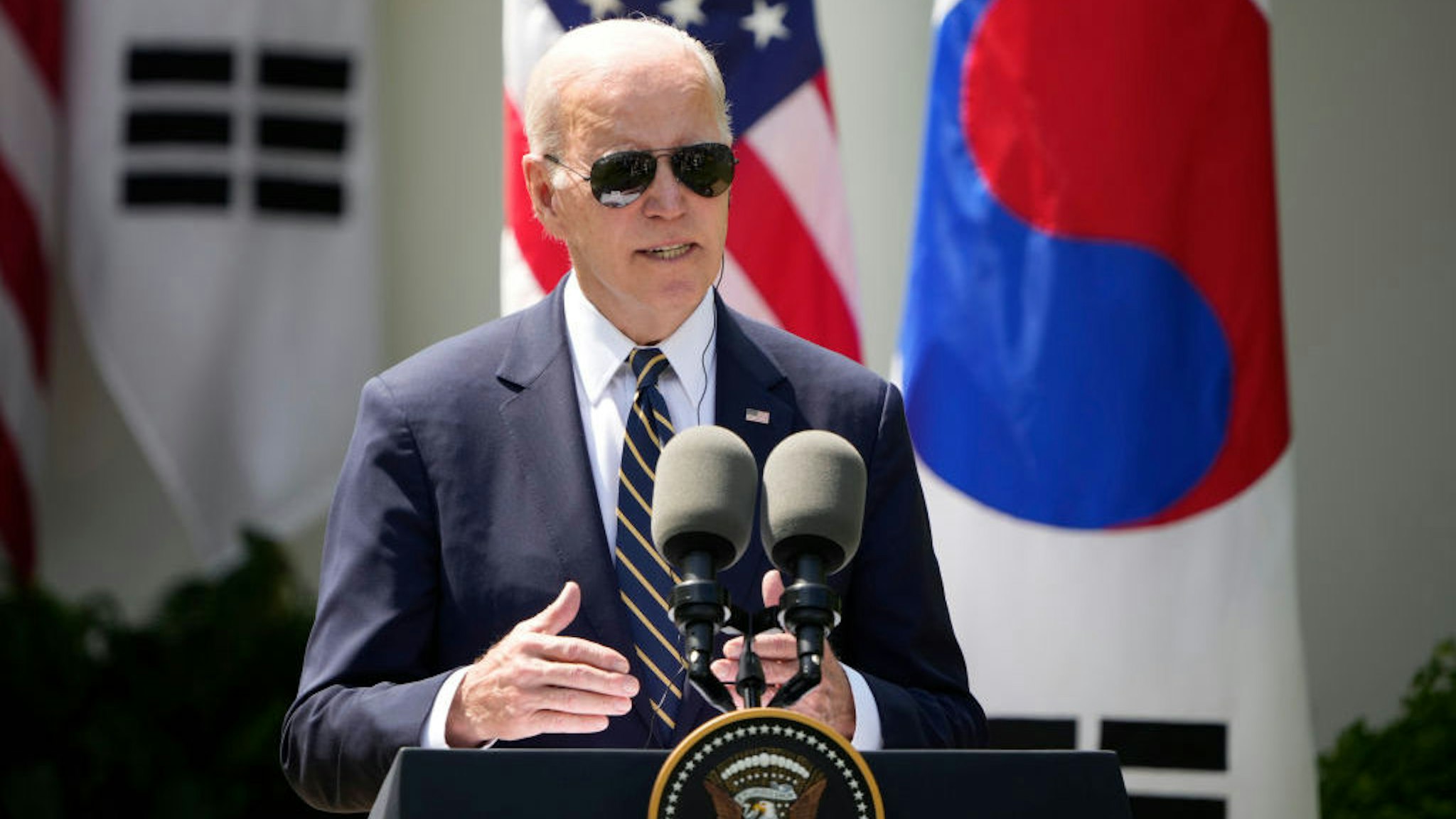 WASHINGTON, DC - APRIL 26: U.S. President Joe Biden delivers remarks during a joint press conference with South Korean President Yoon Suk-yeol in the Rose Garden at the White House, April 26, 2023 in Washington, DC. President Biden is hosting President Yoon on his first visit to the United States as the two nations have reached a nuclear weapons agreement. (Photo by Drew Angerer/Getty Images)