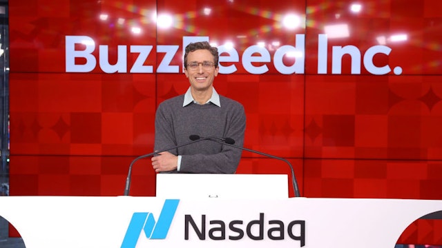 NEW YORK, NEW YORK - DECEMBER 06: Founder and CEO of BuzzFeed Jonah H. Peretti speaks during BuzzFeed Inc.'s Listing Day at Nasdaq on December 06, 2021 in New York City. (Photo by Bennett Raglin/Getty Images for BuzzFeed Inc.)