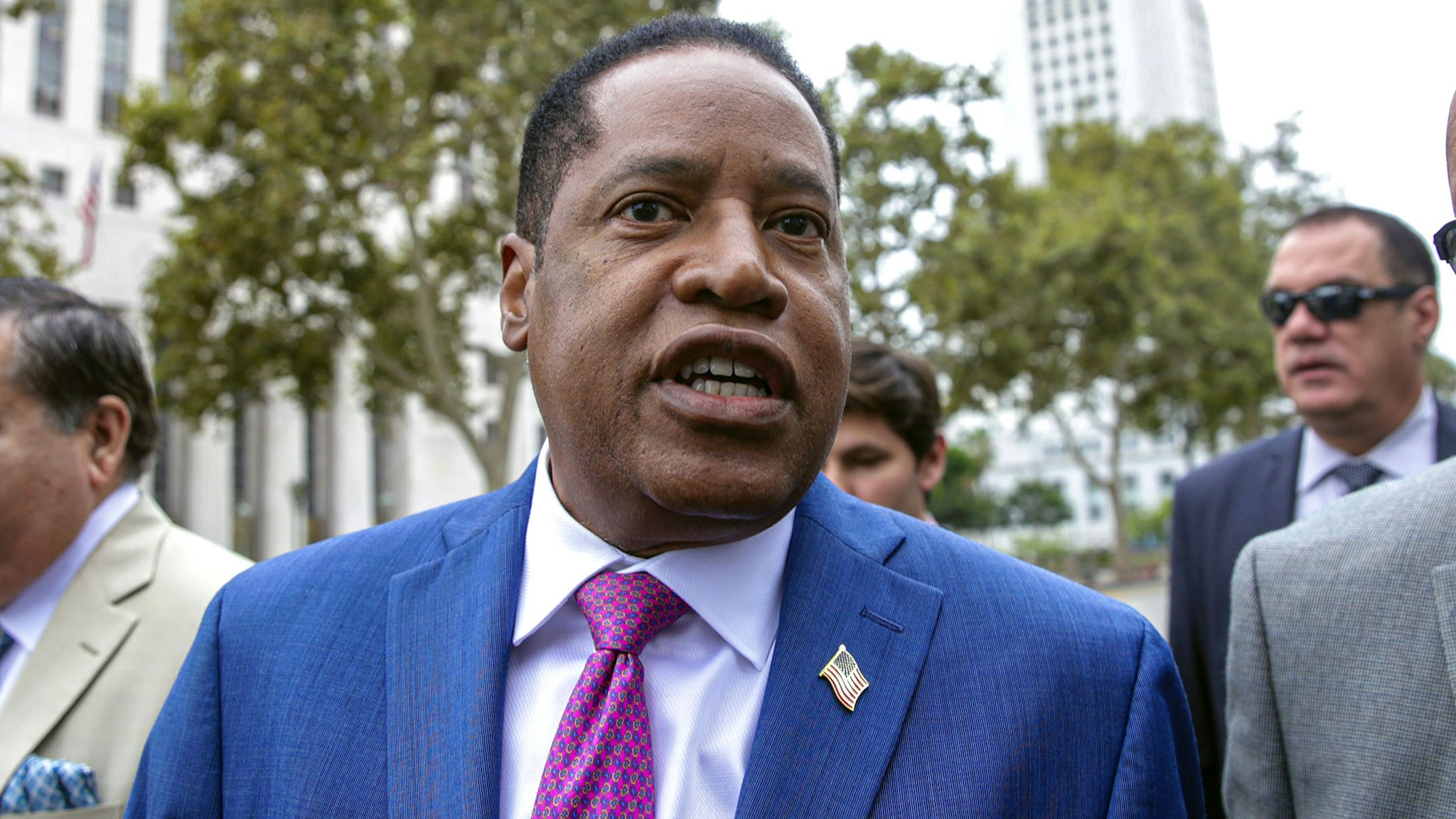 Los Angeles, CA - September 02: Republican gubernatorial candidate Larry Elder at a news conference held to recall Los Angeles District Attorney George Gascon and Governor Gavin Newsom, in front of Hall of Justice on Thursday, Sept. 2, 2021 in Los Angeles, CA.