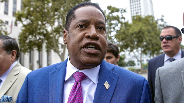 Los Angeles, CA - September 02: Republican gubernatorial candidate Larry Elder at a news conference held to recall Los Angeles District Attorney George Gascon and Governor Gavin Newsom, in front of Hall of Justice on Thursday, Sept. 2, 2021 in Los Angeles, CA.