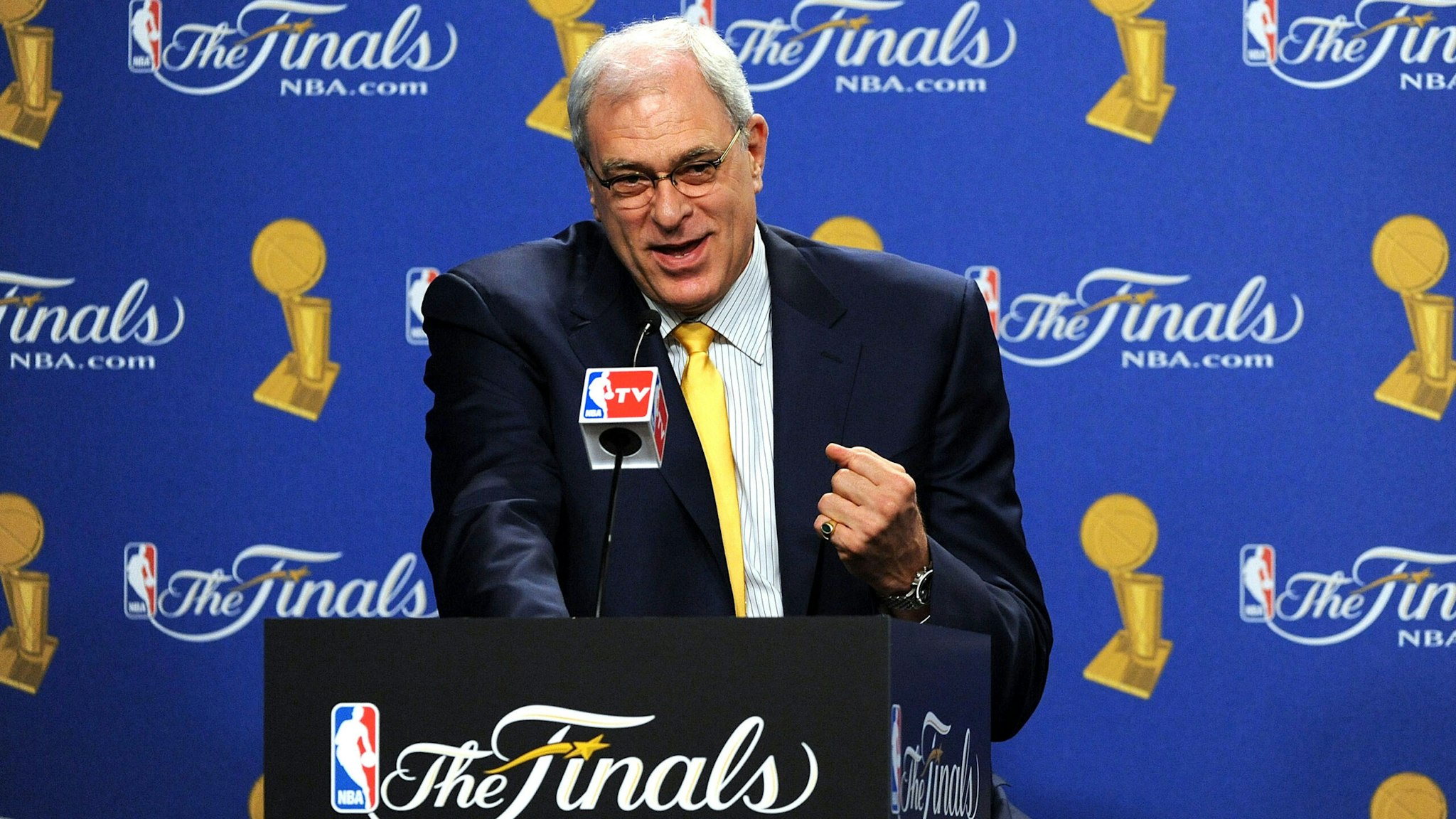 LOS ANGELES, CA - JUNE 17: Head coach Phil Jackson of the Los Angeles Lakers speaks during a pregame news conference before taking on the Boston Celtics in Game Seven of the 2010 NBA Finals at Staples Center on June 17, 2010 in Los Angeles, California. NOTE TO USER: User expressly acknowledges and agrees that, by downloading and/or using this Photograph, user is consenting to the terms and conditions of the Getty Images License Agreement.