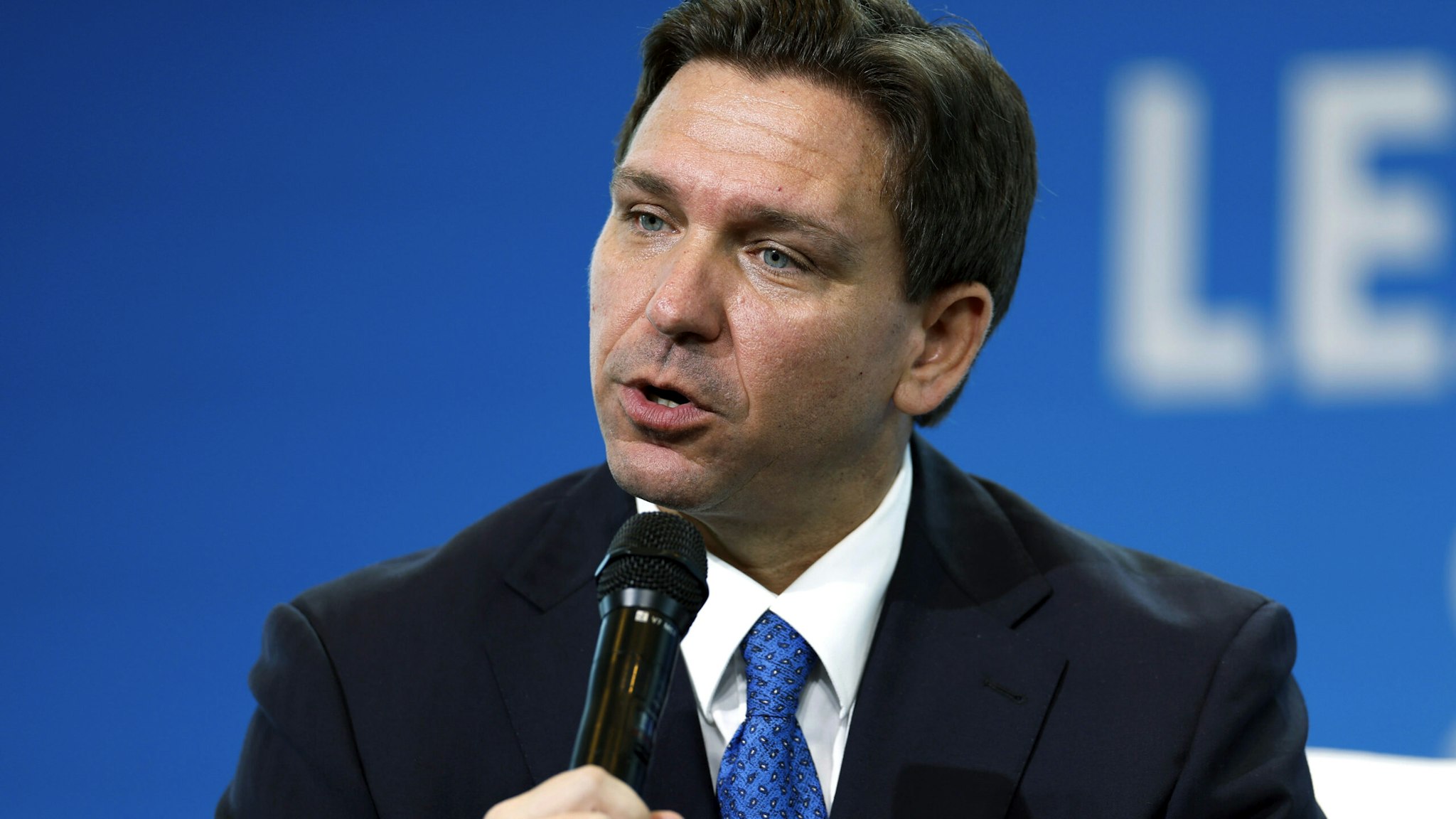 NATIONAL HARBOR, MARYLAND - APRIL 21: Florida Gov. Ron DeSantis speaks alongside Heritage Foundation president Kevin Roberts during the foundation's 50th Anniversary Leadership Summit at the Gaylord National Resort &amp; Convention Center on April 21, 2023 in National Harbor, Maryland. During his remarks DeSantis spoke on policy and social issues his administration has taken on in the state of Florida including education in schools, funding law enforcement, and gun legislation.