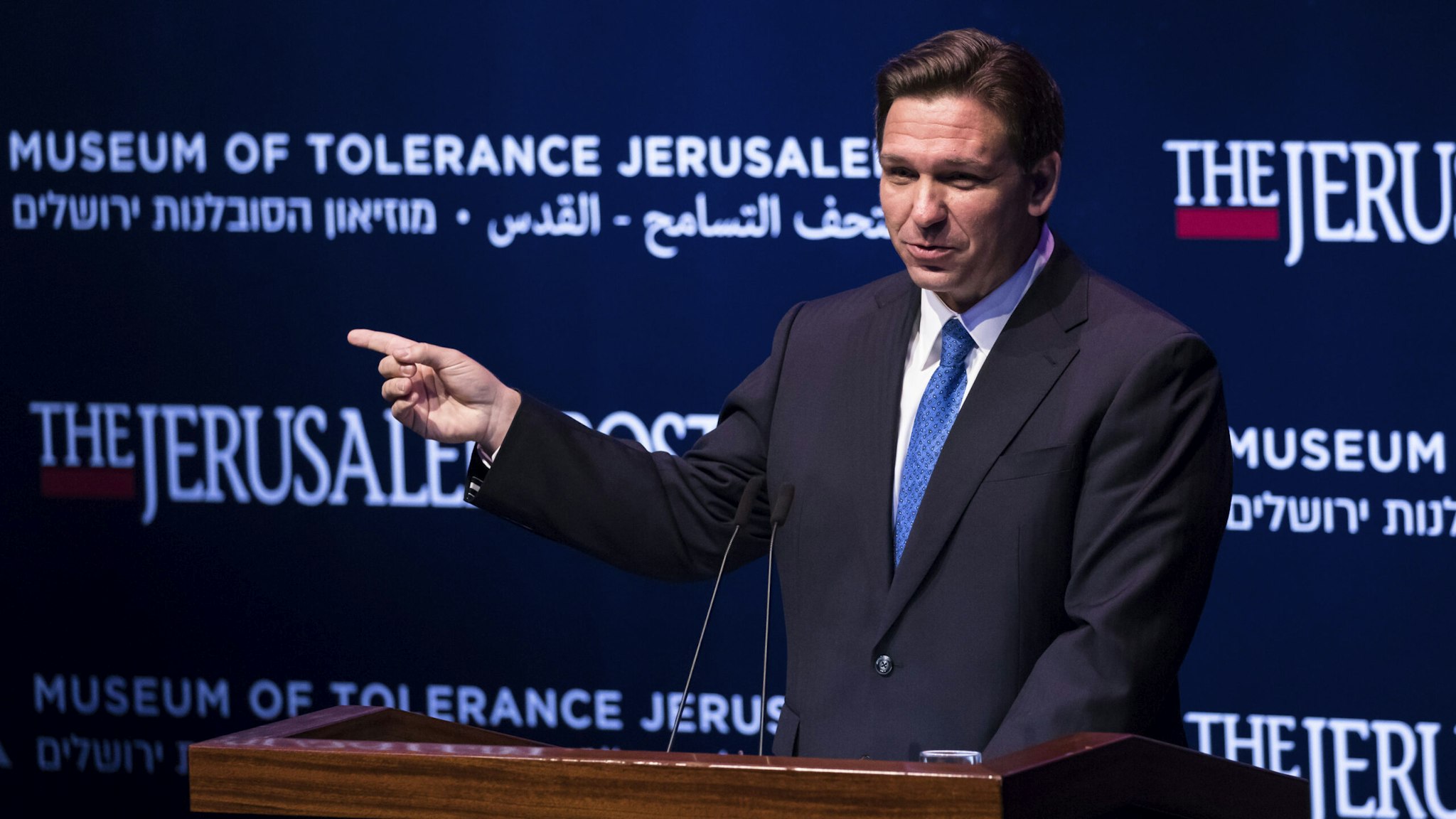 JERUSALEM, ISRAEL - APRIL 27: Florida Gov. Ron DeSantis gives a speech during the Jerusalem Post conference at the Museum of Tolerance on April 27, 2023 in Jerusalem, Israel. Ron DeSantis, the Republican governor of Florida and an anticipated US presidential candidate, has been visiting several countries as part of a trade delegation.
