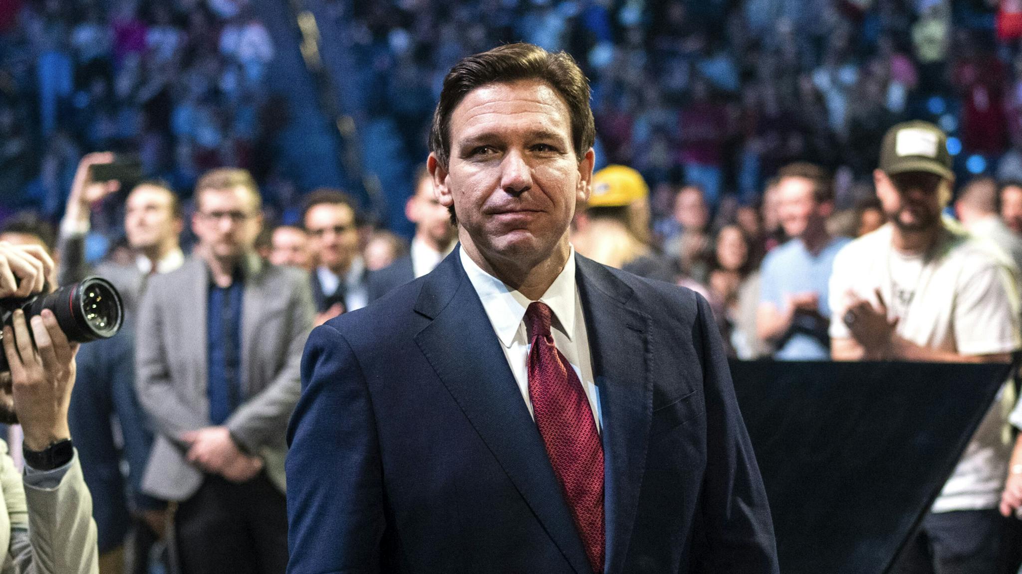 Ron DeSantis at Liberty UNITED STATES - APRIL 14: Florida Gov. Ron DeSantis (R) arrives to speak during a convocation at Liberty University's Vines Center in Lynchburg, Va., on Friday, April 14, 2023.
