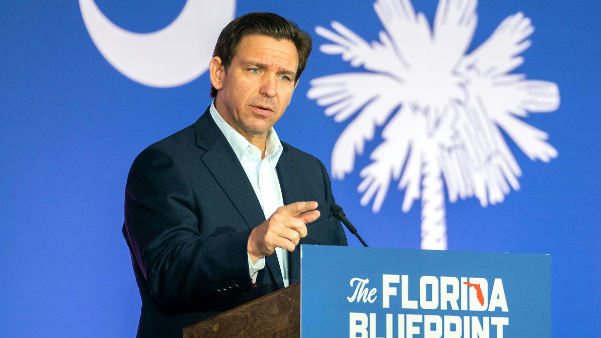 NORTH CHARLESTON, SC - APRIL 19: Florida Gov. Ron DeSantis speaks to a crowd at the North Charleston Coliseum on April 19, 2023 in North Charleston, South Carolina. The governor's appearance marks his first official visit to the "First in the South" presidential primary state amid mounting anticipation of his 2024 presidential candidacy.