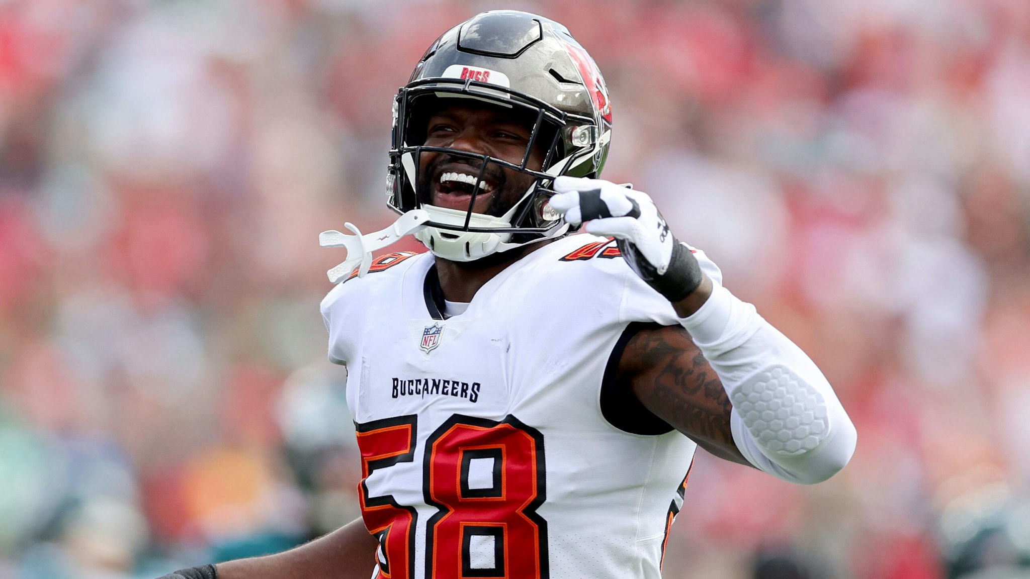 TAMPA, FLORIDA - JANUARY 16: Shaquil Barrett #58 of the Tampa Bay Buccaneers reacts against the Philadelphia Eagles during the first quarter in the NFC Wild Card Playoff game at Raymond James Stadium on January 16, 2022 in Tampa, Florida.