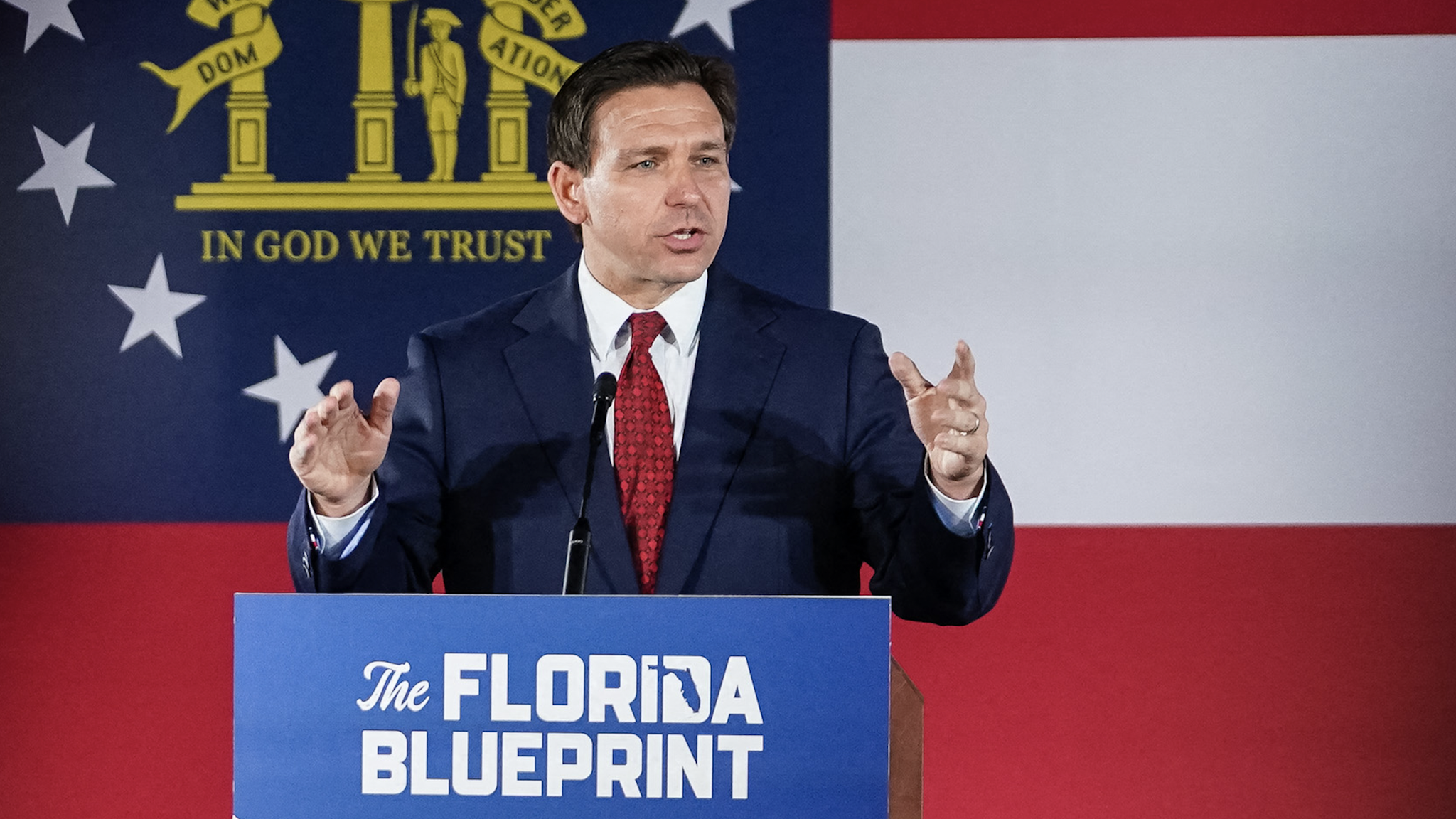 Florida Governor Ron DeSantis speaks during an event on his nationwide book tour at Adventure Outdoors, the largest gun store in the country, on March 30, 2023 in Smyrna, Georgia. - DeSantis is widely expected to enter the race for the Republican presidential nomination.