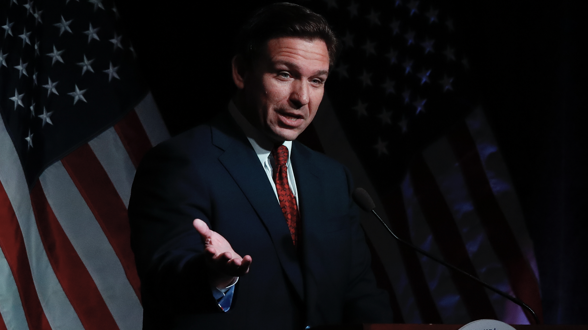 MIDLAND, MI - APRIL 06: Florida Gov. Ron DeSantis speaks at the Midland County Republican Party Dave Camp Spring Breakfast on April 6, 2023 in Midland, Michigan. While in Michigan, DeSantis will also visit Hillsdale College, a small, Christian liberal arts school.