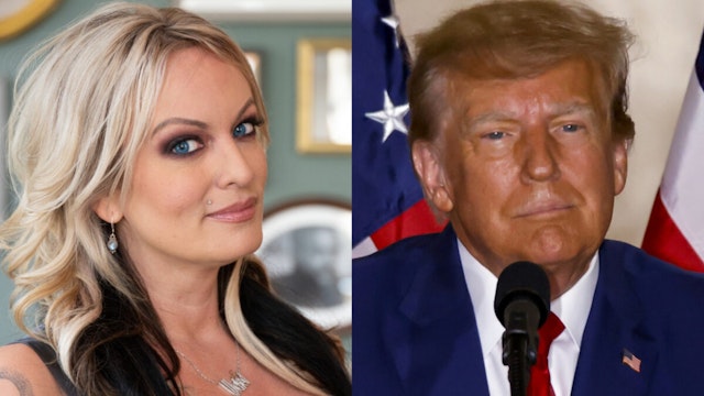 CAMBRIDGE, ENGLAND - JUNE 12: Stormy Daniels poses during her visit to The Cambridge Union on June 12, 2022 in Cambridge, England./Former US President Donald Trump delivers remarks at the Mar-a-Lago Club in Palm Beach, Florida, US, on Tuesday, April 4, 2023. Trump entered a not-guilty plea to 34 counts of falsifying business records in the first degree in a proceeding that took a little less than an hour.